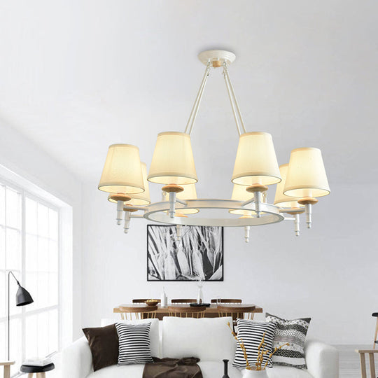 Modern White Fabric Barrel Pendant Light Chandelier For 8-Head Living Room Lighting