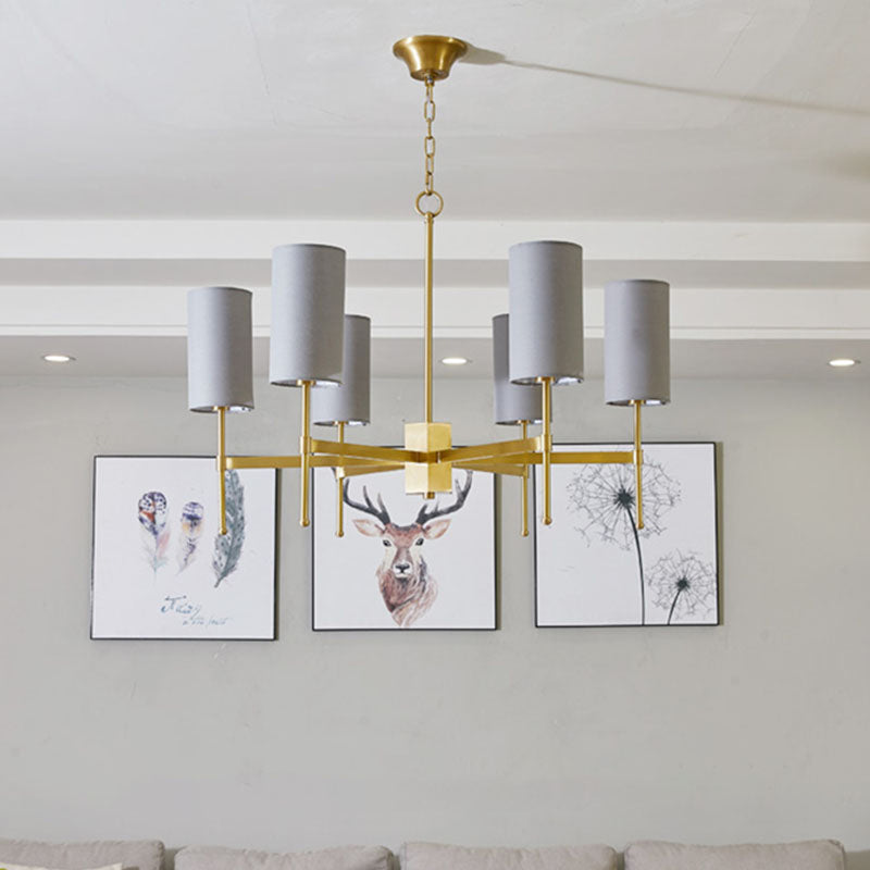 Modern Fabric Cylinder Suspension Light - 6 Heads Chandelier in Grey/White for Living Room