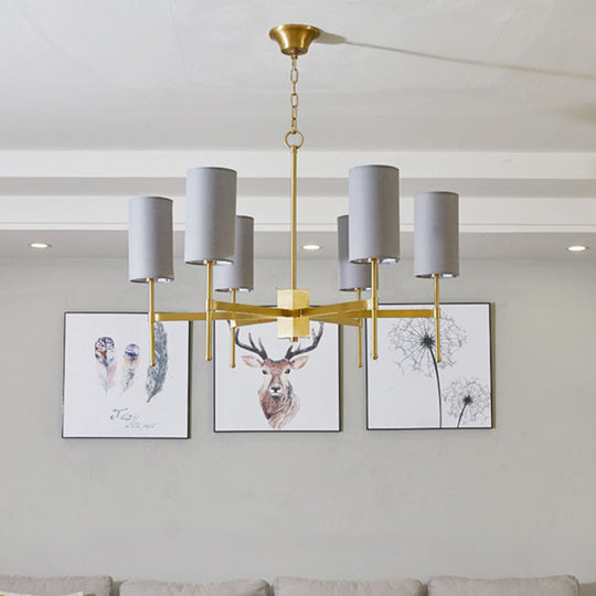 Modern Fabric Cylinder Suspension Light - 6 Heads Chandelier in Grey/White for Living Room