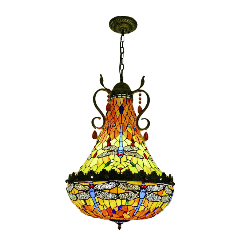 Wide Dragonfly Chandelier Light - Mediterranean Stained Glass 6/8 Lights Antique Brass Pendant Lamp