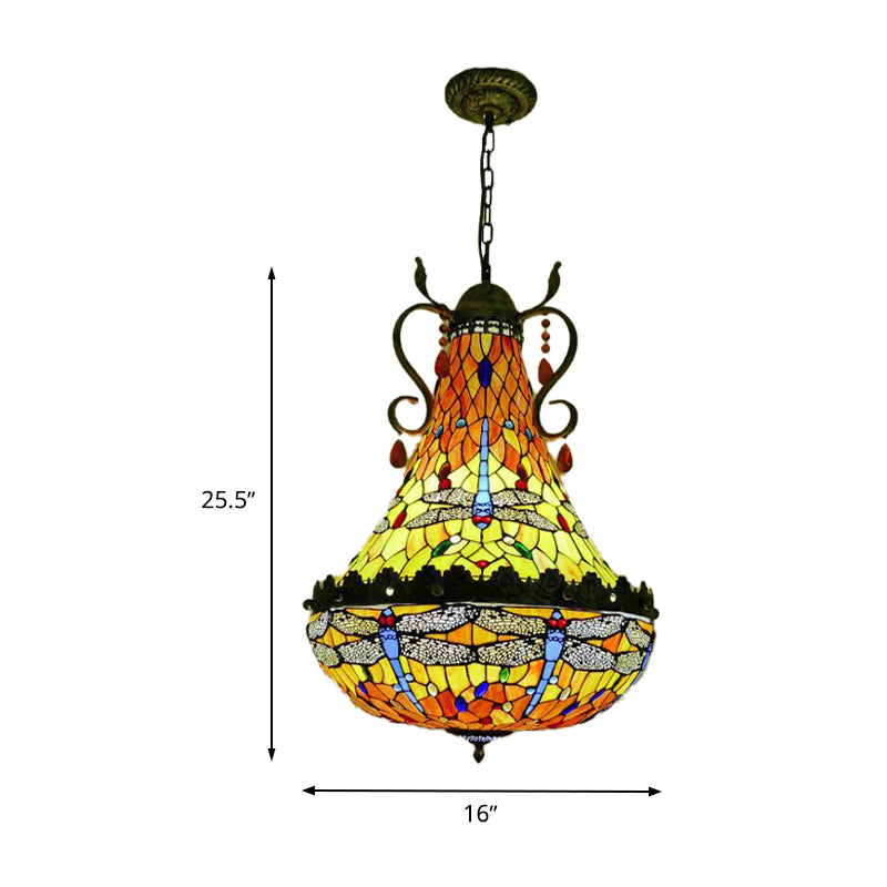 Wide Dragonfly Chandelier Light - Mediterranean Stained Glass 6/8 Lights Antique Brass Pendant Lamp