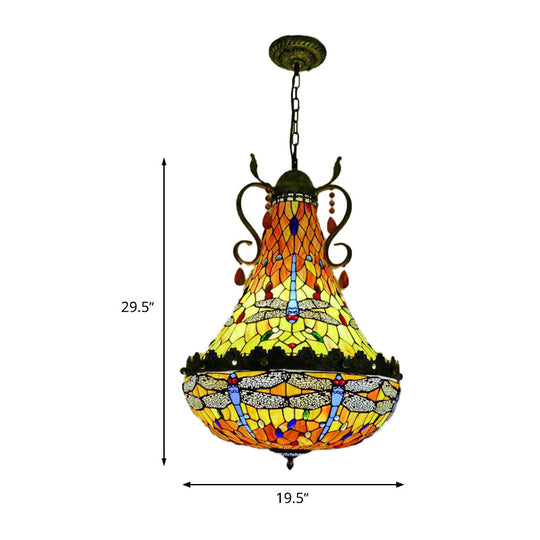 Dragonfly Stained Glass Chandelier - 6/8 Lights, Antique Brass Finish