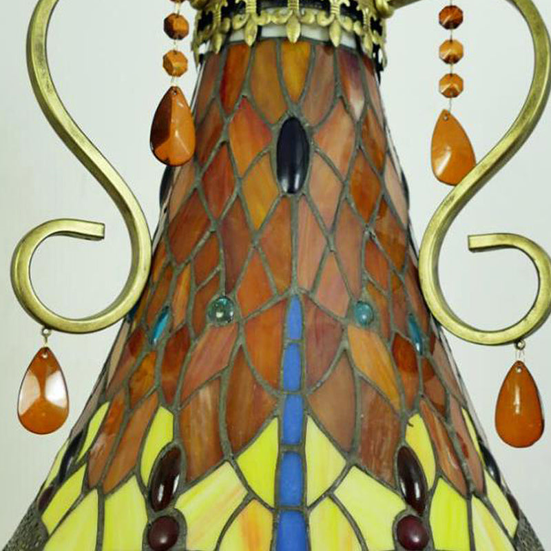 Wide Dragonfly Chandelier Light - Mediterranean Stained Glass 6/8 Lights Antique Brass Pendant Lamp