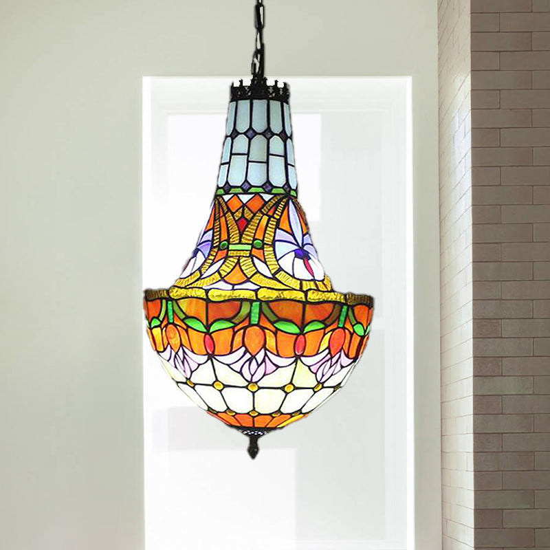 Stained Glass Tiffany Pendant Flower Chandelier - 3/5 Lights, 12"/16" Wide - Antique Bronze Finish