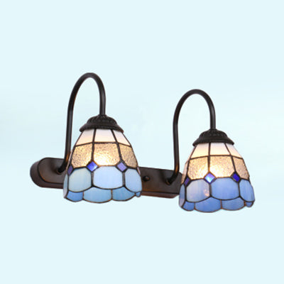 2-Head Baroque Blue/Yellow Glass Wall Mount Vanity Lighting Fixture With Grid Pattern Blue