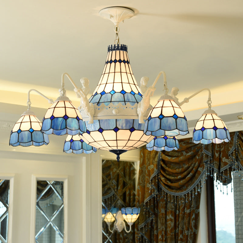 Baroque Stained Glass Grid Pattern Chandelier with 13 Lights Pendant