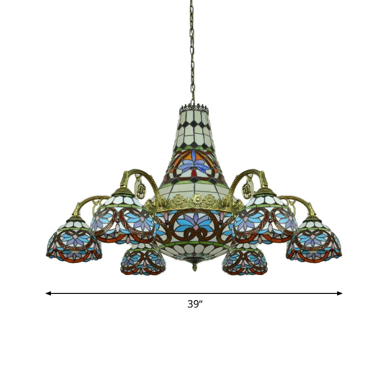 Curved Arm Stained Glass Chandelier - 11 Lights Mediterranean Ceiling Light in Pink/Blue/Purplish Blue