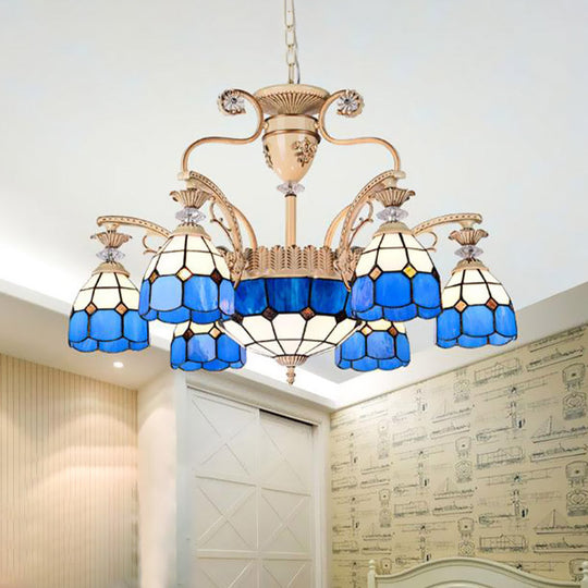 Baroque Cut Glass Chandelier Light - Blue Dome Pendant Lighting Fixture With 5/9/11 Lights Wide