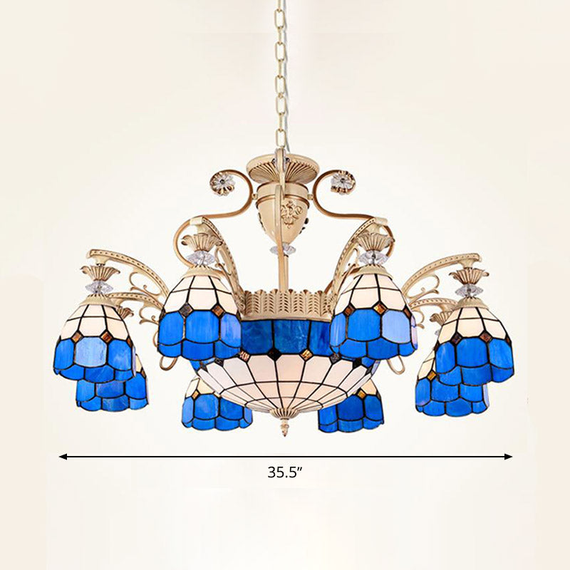 Baroque Cut Glass Chandelier Light - Blue Dome Pendant Lighting Fixture With 5/9/11 Lights Wide