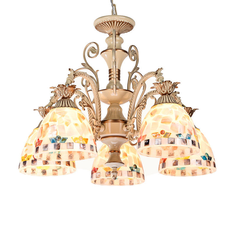 3/5 Lights Chandelier Pendant Light - White and Gold Tiffany Style Stained Glass Mosaic Hanging Lamp Kit