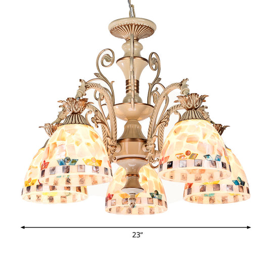 Tiffany Style Stained Glass Chandelier Pendant Light - White & Gold Finish 3/5 Lights Mosaic Hanging