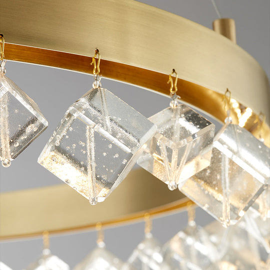 Postmodern Metal Gold Pendant Light With Led Warm/White & Crystal Drop