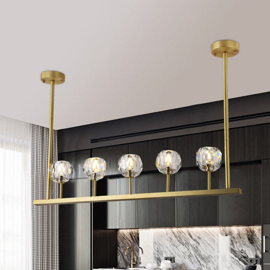 5-Head Linear Crystal Ball Pendant Light In Gold - Elegant Dining Room Ceiling Fixture