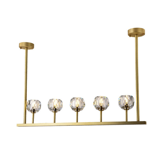 5-Head Linear Crystal Ball Pendant Light In Gold - Elegant Dining Room Ceiling Fixture