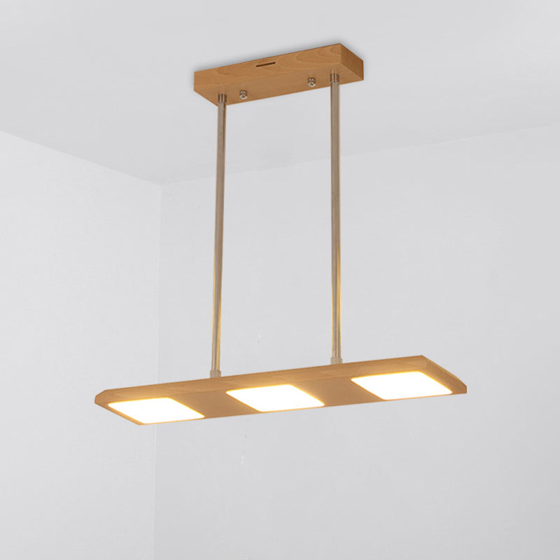 Reclaimed Wood Pendant Light Fixture - 3-Light Rectangle Island Lamp In Beige For Dining Room