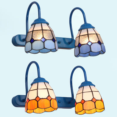 Tiffany Glass Dome Wall Light Fixture - Blue/Yellow 2-Head Vanity Sconce For Bathroom