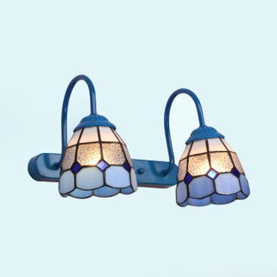 Tiffany Glass Dome Wall Light Fixture - Blue/Yellow 2-Head Vanity Sconce For Bathroom Blue