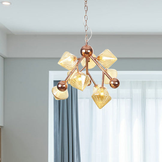Vintage Ribbed Glass Chandelier: Clear/Amber Prism 9 Lights - Perfect Dining Room Pendant Light