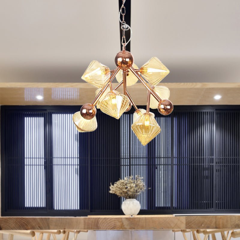 Vintage Ribbed Glass Chandelier: Clear/Amber Prism 9 Lights - Perfect Dining Room Pendant Light