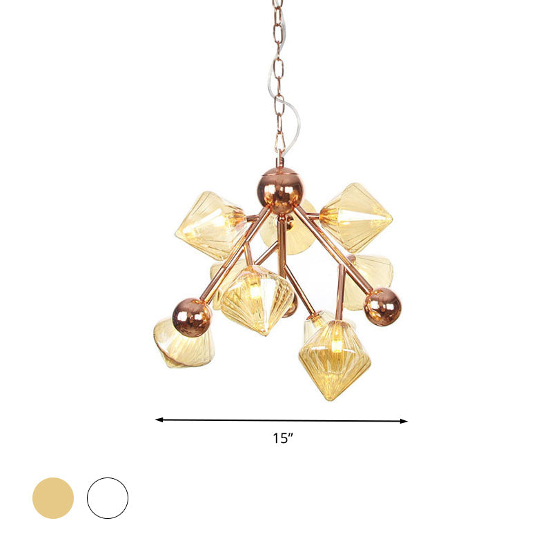 Vintage Clear/Amber Prism Glass Chandelier - 9-Light Ribbed Hanging Pendant for Dining Room
