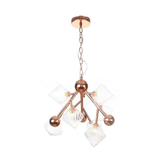 Vintage Clear/Amber Prism Glass Chandelier - 9-Light Ribbed Hanging Pendant for Dining Room