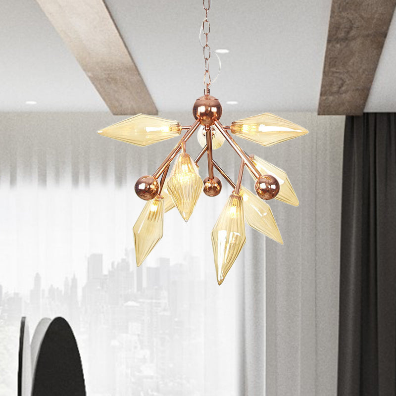 Vintage Metal Chandelier: 9-Light Prism Ceiling Lamp For Dining Room With Amber/Clear Glass Shades