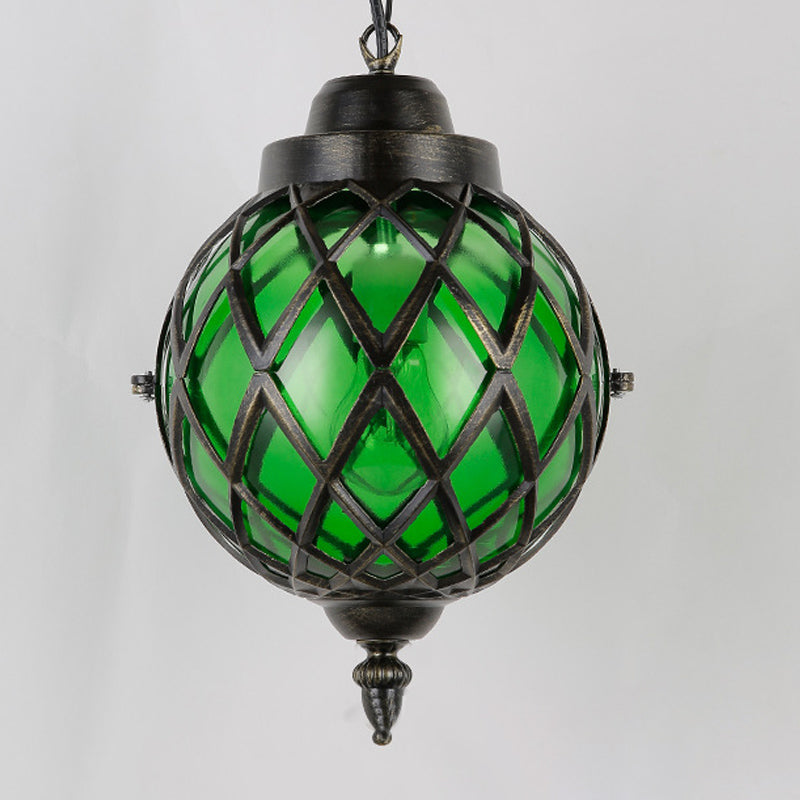 Restaurant Pendant Lighting: Moroccan Black Ceiling Light With Globe Amber/Green/Purple Glass Shade