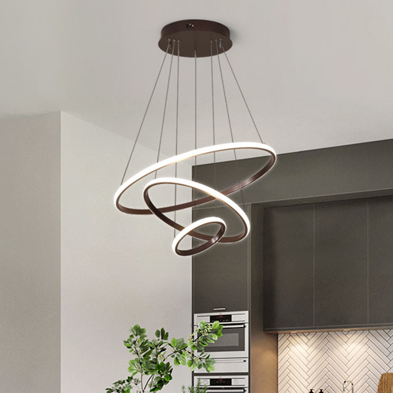 Minimalist Acrylic Ring Pendant Light Coffee Chandelier Lamp, Warm/White Light, 8"+16"/16"+23.5"/8"+16"+23.5" Wide