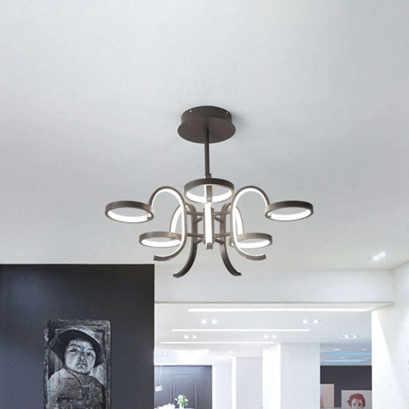 Modern Black Curve Arm Chandelier With 5/6 Metal Pendant Lights In Warm/White 5 / White