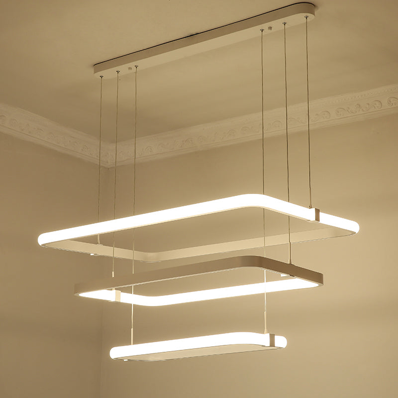 Minimalist White LED Pendant Light Kit - Rectangle Metal Hanging Chandelier with Warm/White Light