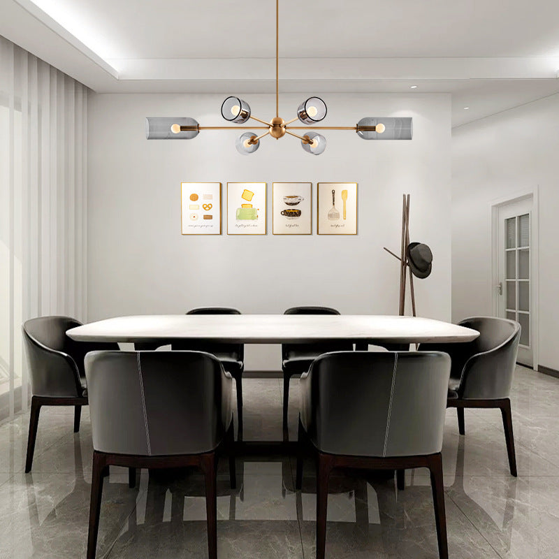 Modern Smoke Grey Tulip Glass Chandelier - 6-Light Dining Room Hanging Lamp With Gold Burst Arm