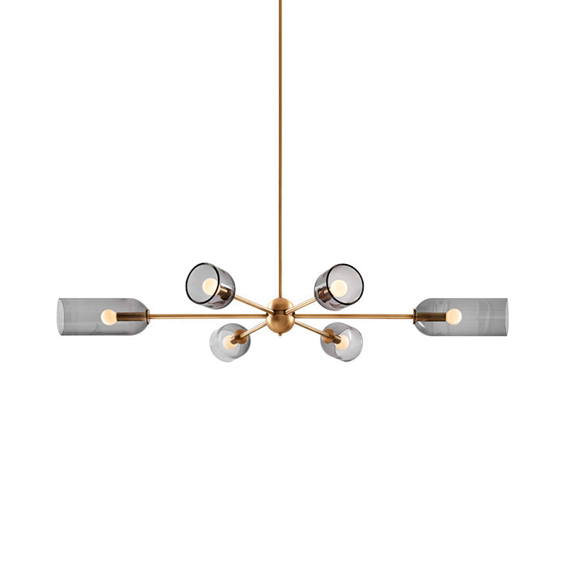 Modern Smoke Grey Tulip Glass Chandelier - 6-Light Dining Room Hanging Lamp With Gold Burst Arm
