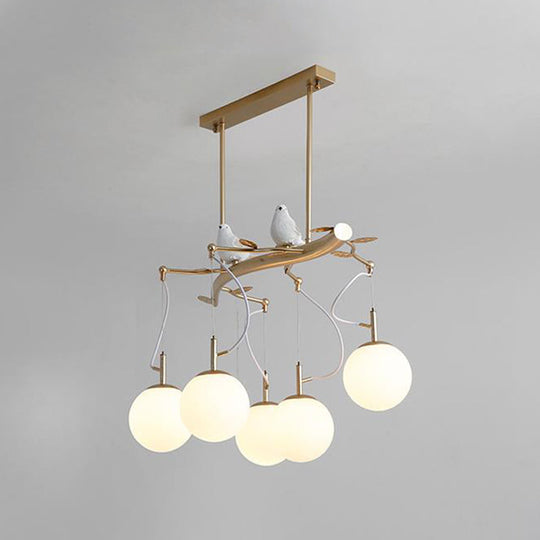 Stunning Milky Glass Sphere Chandelier Pendant - Postmodern 5-Head Gold Hanging Light Kit With Bird