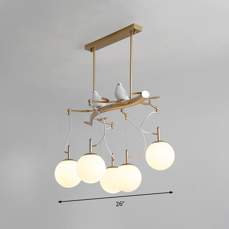 Milky Blown Glass Sphere Chandelier Pendant with Gold Finish - Postmodern 5-Head Hanging Light Kit