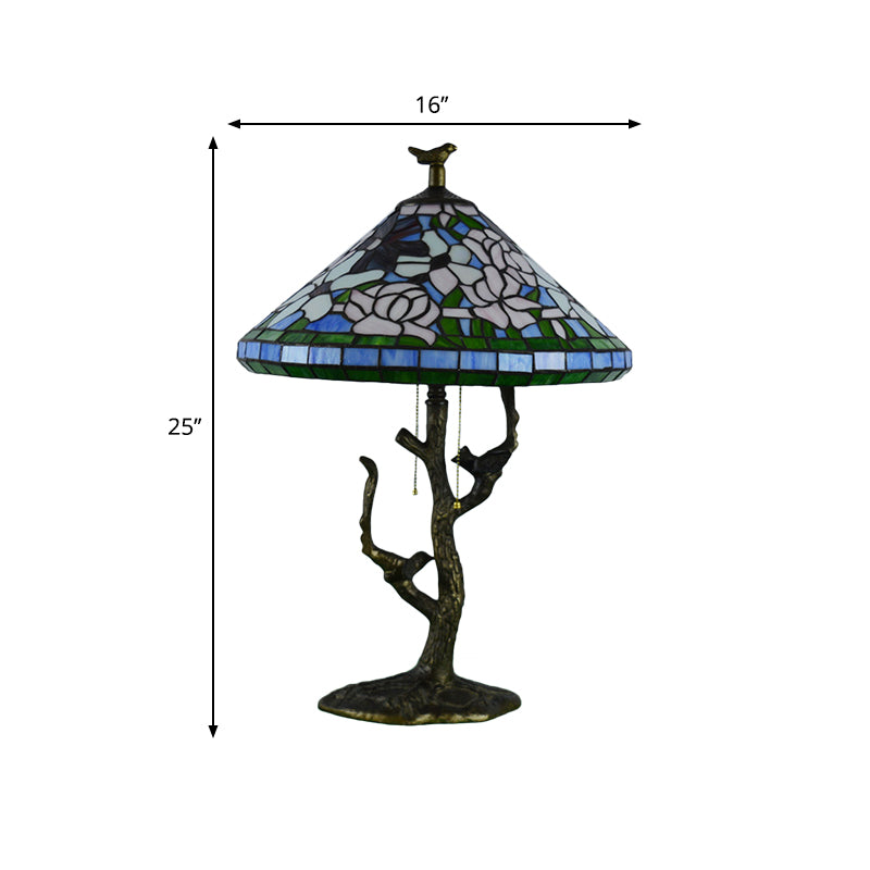 Stained Glass Empire Table Light - Tiffany Style Bedside Lamp With Orange Rose/Lotus Design Brass