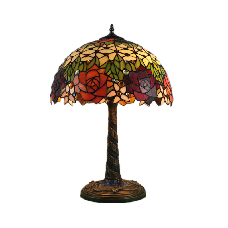 Tiffany Style Brass Stained Glass Nightstand Lamp With Flower Design - Ideal For Bedroom