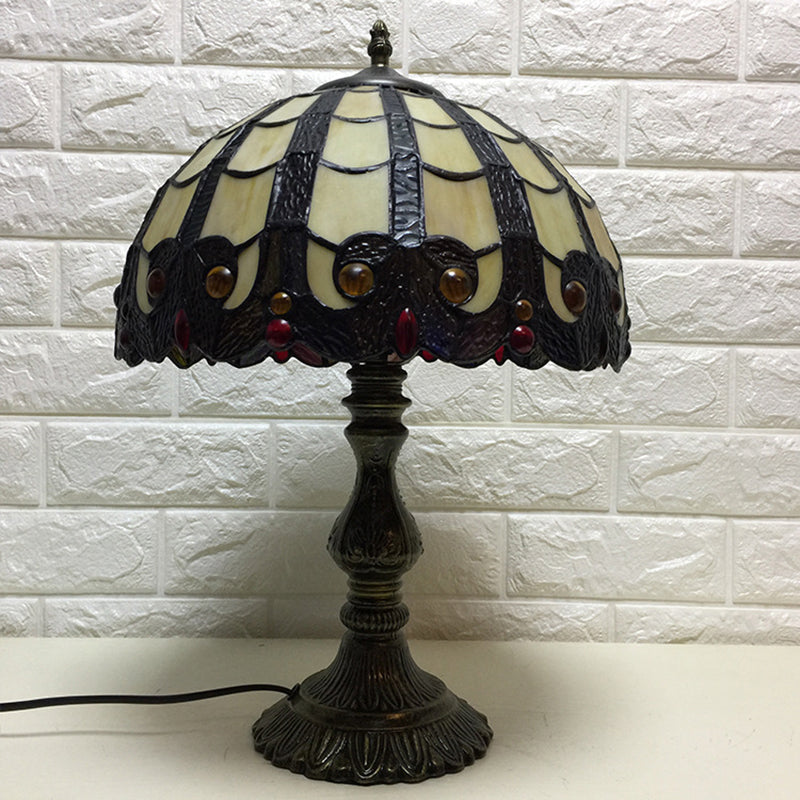Vintage Tiffany-Style Stained Glass Table Light With Antique Brass Dome For Bedroom Nightstand