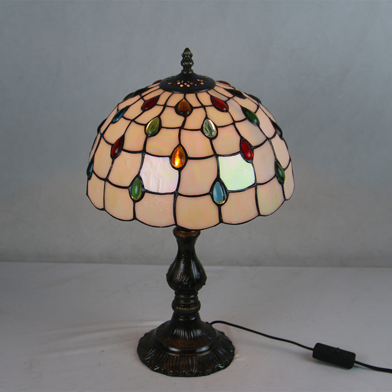Tiffany Style Beige Glass Jewelry Night Table Lamp With Black Nightstand Base