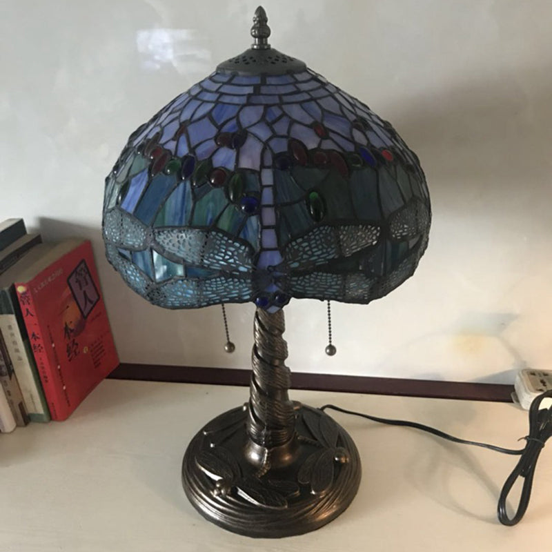 Mediterranean Dragonfly Nightstand Lamp Stained Glass Table Light For Bedroom Bronze