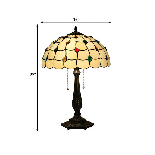 Tiffany Style Beaded Table Light With Stained Glass Shade Antique Brass Nightstand Lamp For Bedside