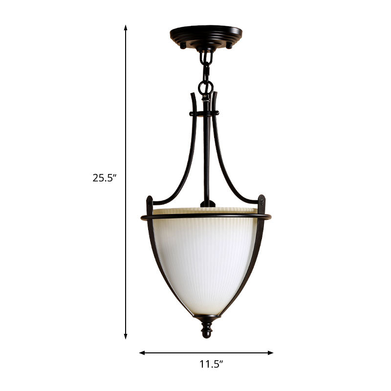 Rustic Milk Glass Bowl Pendant Light With Prismatic Design | Black Foyer Hanging Ceiling Lamp