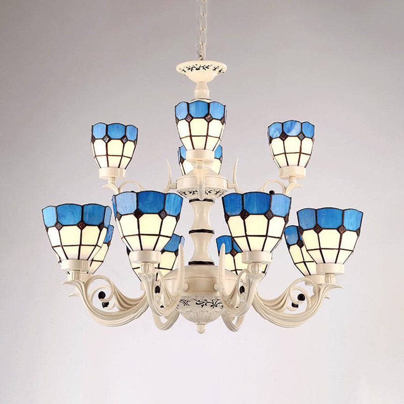 Baroque White Stained Glass Chandelier - 12-Light Grid Pattern Pendant Light Fixture