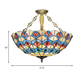 Antique Brass Semi-Flush Mount Stained Glass Ceiling Light With Tiffany Jeweled Design - 4 Lights