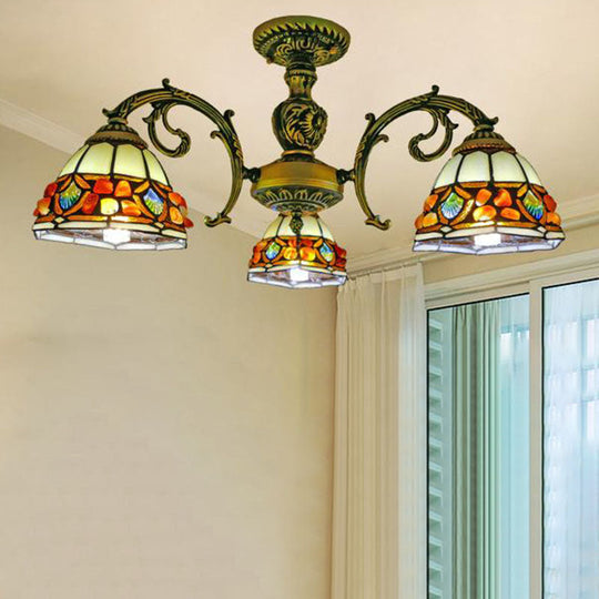 Antique Bronze Stained Glass Chandelier - Tiffany Style Pendant Light With 3/5/8 Lights 3 / Gem