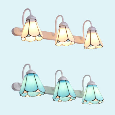 Tiffany Conical White/Blue Glass Vanity Light Fixture - 3 Head Wall Sconce For Bathroom