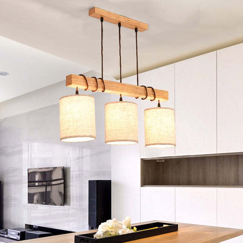 Wooden 3-Head Fabric Island Pendant Light For Modern Dining Rooms Wood