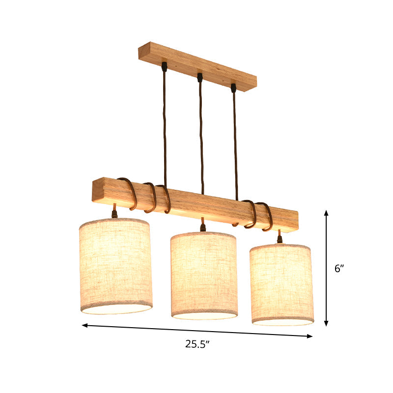 Wooden 3-Head Fabric Island Pendant Light For Modern Dining Rooms