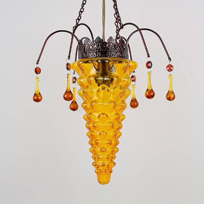 Vintage Textured Glass Pendant Light - Conical Shape 1-Light Red/Yellow/Blue Design Perfect For
