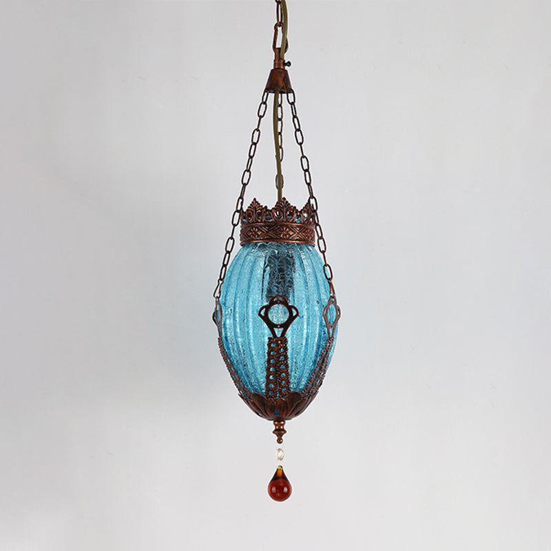 Moroccan Oval Pendant Light: Red/Yellow/Blue Textured Glass Suspension Lamp For Dining Room Blue