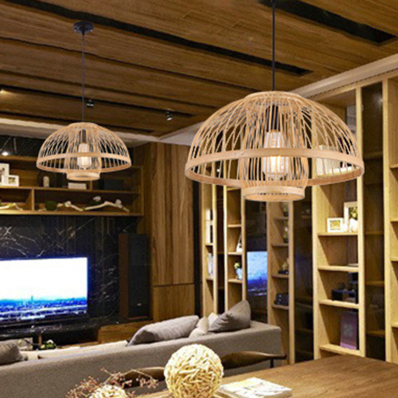 Hemispherical Bamboo Pendant Light: Asia 1-Light Beige Ceiling Fixture